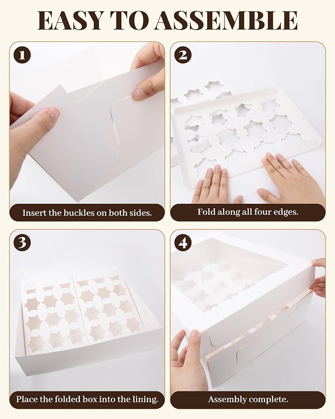 8 Pack Cupcake Boxes with Window for 24 Standard or Mini Cupcakes Corrugated Adjustable Height Bakery Box for Cake,Cookies,Donuts,Muffins&Other Pastries（15x11x4 Inch）