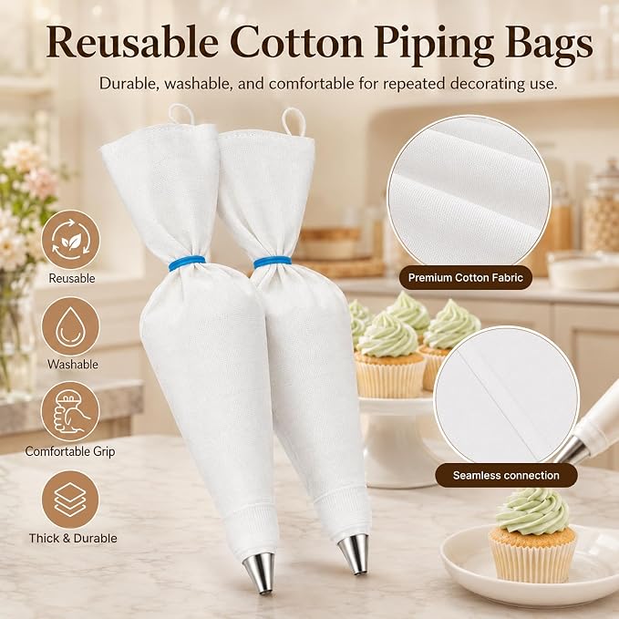 Reusable Piping Bags and Tips Set – 16" Cotton Pastry Bags Durable Cotton Exterior,Easy to Clean for Cake Decorating, Cupcakes & Cookies – Eco-Friendly Baking Kit for Home Bakers & Beginners