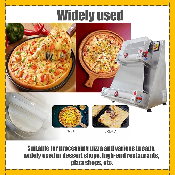 110V Commercial Automatic Pizza Dough Press Machine Adjustable Thickness 370W Electric Pizza Dough Roller Sheeter 4-15.7” Stainless Steel
