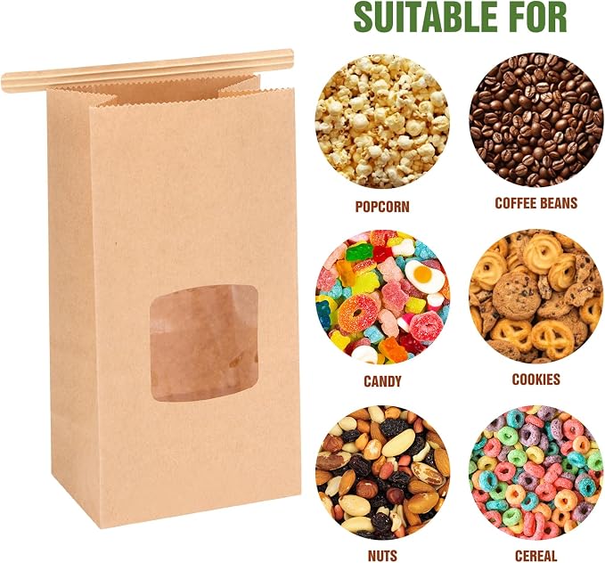 Moretoes Small Cookie Bags with Seal, 55pcs 3.54x2.32x6.69in, Seal by Tin Tie Tab, Brown Kraft Paper Small Bakery Bags with Window for Cookie Coffee Bread Pastry Treat Bakery Gift Giving Packing