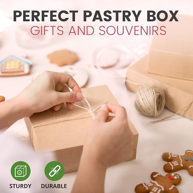 Fit Meal Prep 10 Pack Kraft Bakery Boxes, 10 x 10 x 2.5 Inches Brown Pastry Boxes, Cardboard Treat Boxes Pie Boxes Cookie Boxes Dessert Boxes for Cupcakes, Chocolates, Donuts, Macarons