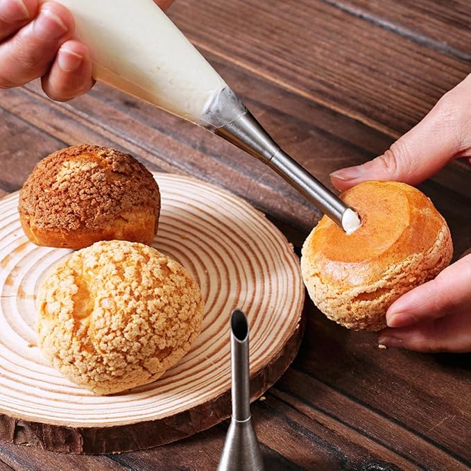 12 PCS Cream Icing Piping Nozzle Tip Stainless Steel Long Cream Puff Piping Tips Cake Decorating Tools Multipurpose Pastry Piping for Small Pastries Puffs Cupcakes Filling Donuts Other Pastries