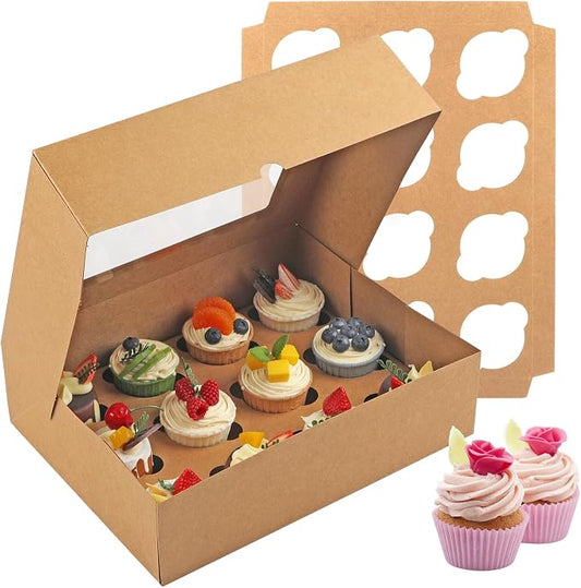 Cupcake Box, Disposable Cupcake Container Bulk, Auto-pop up, 2 Pcs, Brown | Cupcake Holder Holding 12 Count Cupcakes, Cupcake Carrier with Window, Easy To Assemble, Transport and Store Cupcake, Sturdy