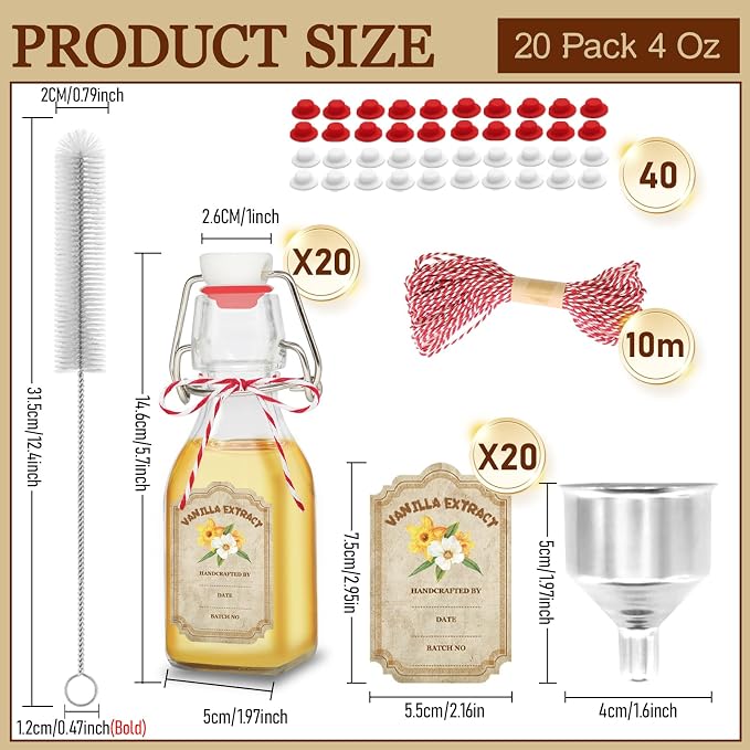 20 Pack Swing Top Glass Vanilla Extract Bottles 4 oz with Lids, Vanilla Extract Labels and Funnel, Glass Boston Vanilla Bottles for Syrup Gift, Flip Top Glass Bottles Jars for Vanilla Extract