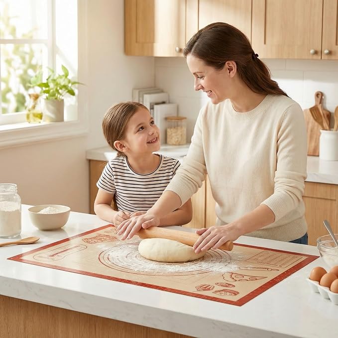 Silicone Baking Mat with Measurements, 26x16Inch Extra Thick Silicone Mats for Making Pie Bread Pizza, Nonstick Kitchen Pastry Matt for Dough Rolling Kneading, Heat Resistant Oven Liner Gift for Baker