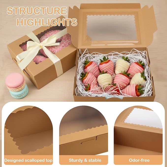 OAMCEG 60 Pack Cookie Boxes with Window, 8x6x2.5 Inch Bakery Treat Boxes for Christmas Holiday Gift Giving, Desserts, Donuts, Pastries-Brown