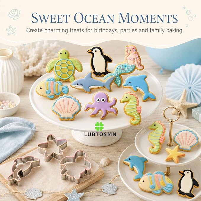 LUBTOSMN 10-Piece Ocean Cookie Cutter Set - Shark, Mermaid, Dolphin, Sea Turtle, Octopus - Dishwasher Safe Stainless Steel Molds for Under The Sea Birthday Party & Summer Baking
