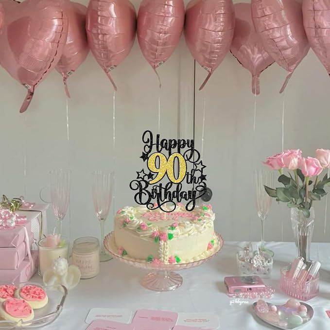 1 PCS Happy 90th Birthday Cake Topper Black Gold Glitter Cheers to 90 Years Birthday Cake Pick Hello 90 Fabulous Cake Decoration for Happy 90th Birthday Anniversary Party Decorations Supplies