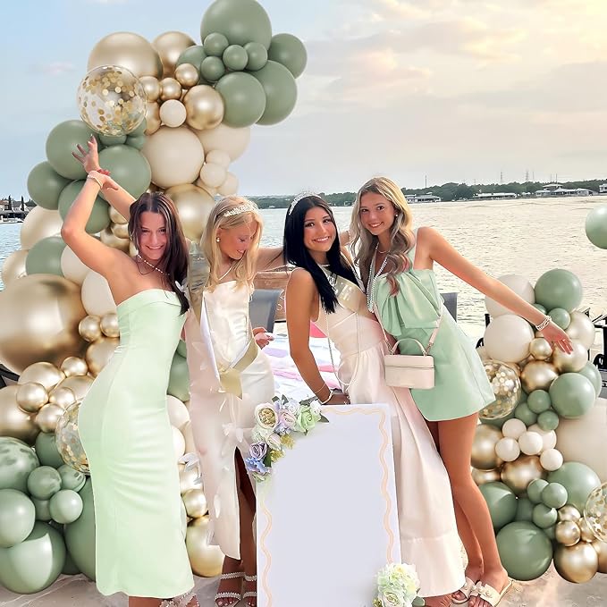 Sage Green Gold Balloon Arch Kit, 143Pcs Sage Green and Sand White Gold Balloons Garland Arch Kit Coffetti Balloons for Birthday Wedding Baby Shower Gender Reveal Decorations