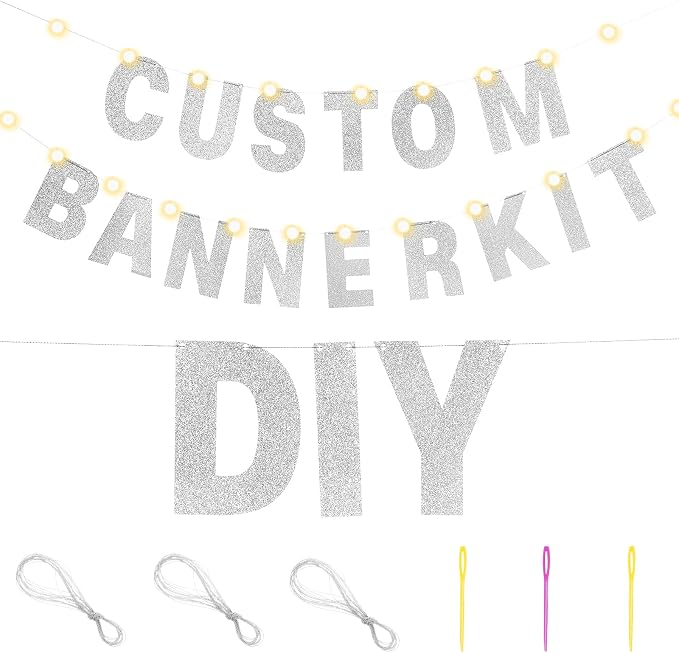 TaoBary 112 Pcs DIY Letter Kit Glitter Customizable Banner Letters Include 107 Letters and Numbers 3 Rope and 2 Needles for Birthday Halloween Christmas Wedding Valentine Party Decor(Silver)