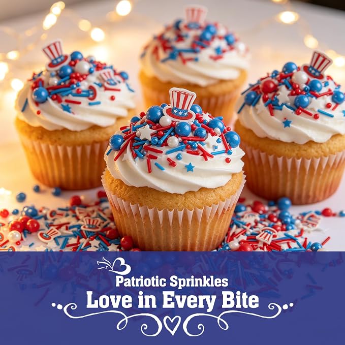 Twisweet Patriotic Sprinkles, Star Striped Hat Sprinkles for Cake Decorating, Edible Red White Blue Sugar Sprinkle Mix, Star-Shaped and Jimmies Baking Candy Bulk, Cupcake Topper Cookie Ice Cream Cake Decorations, 4th of July Independence Day Party Supp...