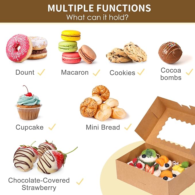 Moretoes 45pcs Cookie Boxes with Window, 9x6x3 Inch Brown Auto-Popup Bakery Boxes, Pastry Containers for Chocolate Covered Strawberries, Candy, Muffins, Donuts