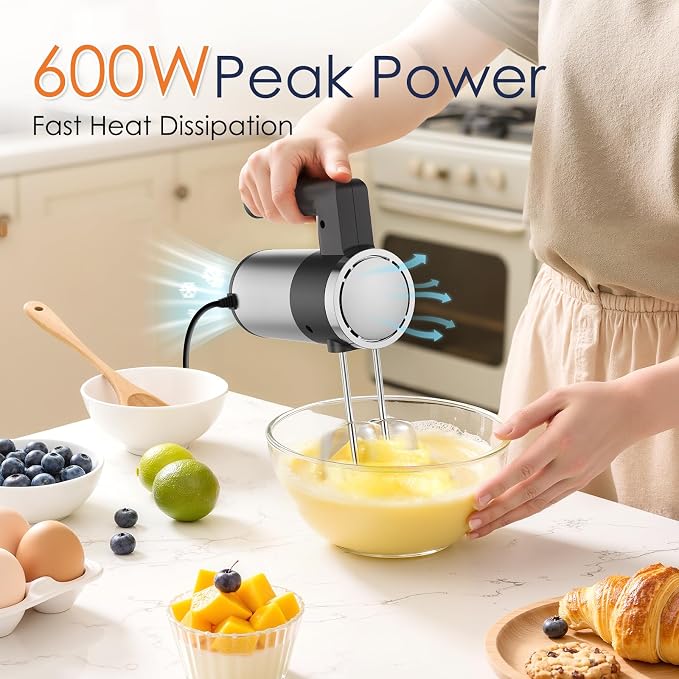 CHIDOLL 600W Hand Mixer, 5-Speed Electric Hand Held Mixer for Baking, Lightweight Stainless Steel Hand Beaters *2 & Dough Hooks*2 with Eject Button, Kitchen Mixer for Cream, Cookies, Dough