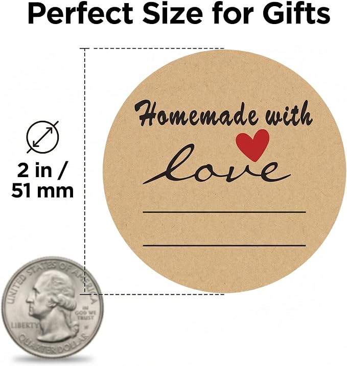 2 Inch Natural Brown Kraft Stickers (500 Per Roll), Homemade with Love Sticker with Lines for Writing (Permanent Adhesive) for Store Owners, Crafts, Organizing, Jar and Canning Labels