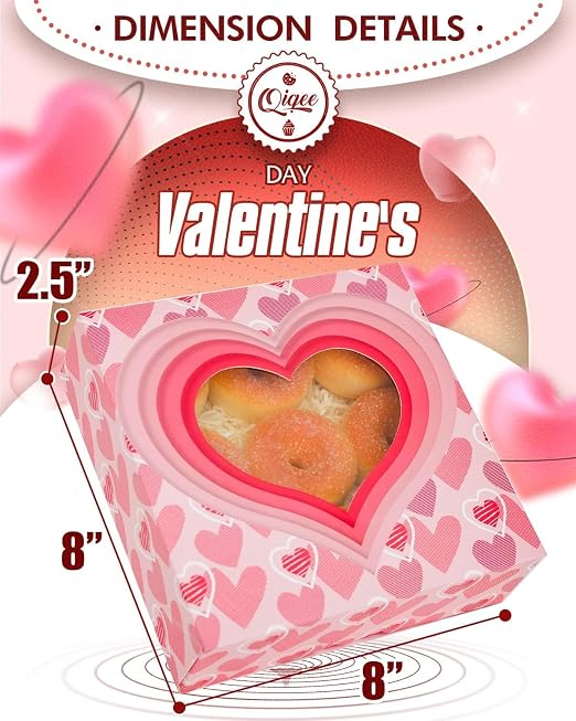 qiqee Auto-pop Up Valentine Pastry Box With Window 8x8x2.5 inch Donut Pie Boxes 12pcs Bakery Box for Valentine''s Day