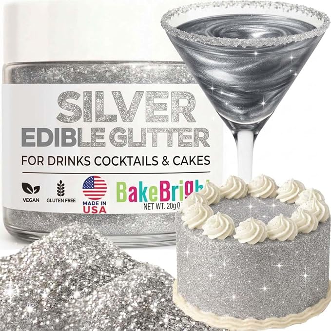 Silver Edible Glitter for Drinks 20g - Silver Edible Glitter for Cakes Cocktails Metallic Cake Decoration Sprinkles - Luster Dust for Cocktail & Cake Topper Chocolate Baking Decorating Fondant Cookies - Drink Shimmer Spray - Food Grade Vegan, Kosher, H...