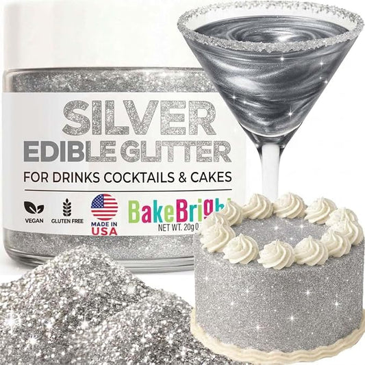 Silver Edible Glitter for Drinks 20g - Silver Edible Glitter for Cakes Cocktails Metallic Cake Decoration Sprinkles - Luster Dust for Cocktail & Cake Topper Chocolate Baking Decorating Fondant Cookies - Drink Shimmer Spray - Food Grade Vegan, Kosher, H...