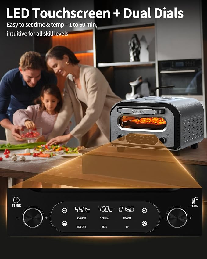 Countertop Electric Pizza Oven, 850°F, 6 Presets with DIY, Stainless | 90-Second 12 Inch Pizza, PID Top & Bottom Temp Control, Dual Knobs for Time & Temp, Always-On Light for Home Pizza Nights