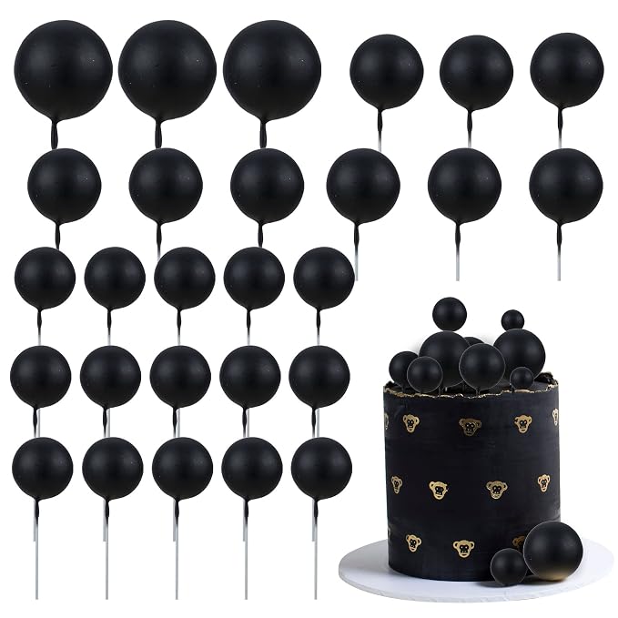 Gyufise 30Pcs Mini Balloon Cake Topper Foam Ball Cake Picks Cupcake Faux Pearl Balls DIY Cake Insert Topper Decoration for Anniversary Graduation Birthday Party Baby Shower Black