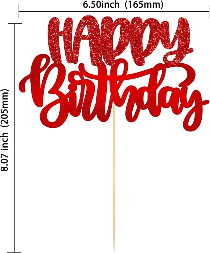 Gyufise 1Pcs Happy Birthday Cake Topper Glitter Cake Pick for Celebrating Anniversary Theme Party Cake Decorations Supplies Red