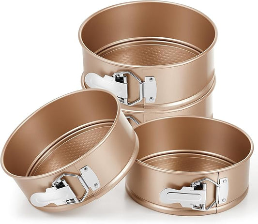 Funnymoom 4 Pcs 7 Inch Non Stick Springform Pan with Removable Bottom Carbon Steel Round Springform Cheesecake Pan with Stainless Steel Spring Buckles for Baking Kitchens Restaurant(Champagne Gold)
