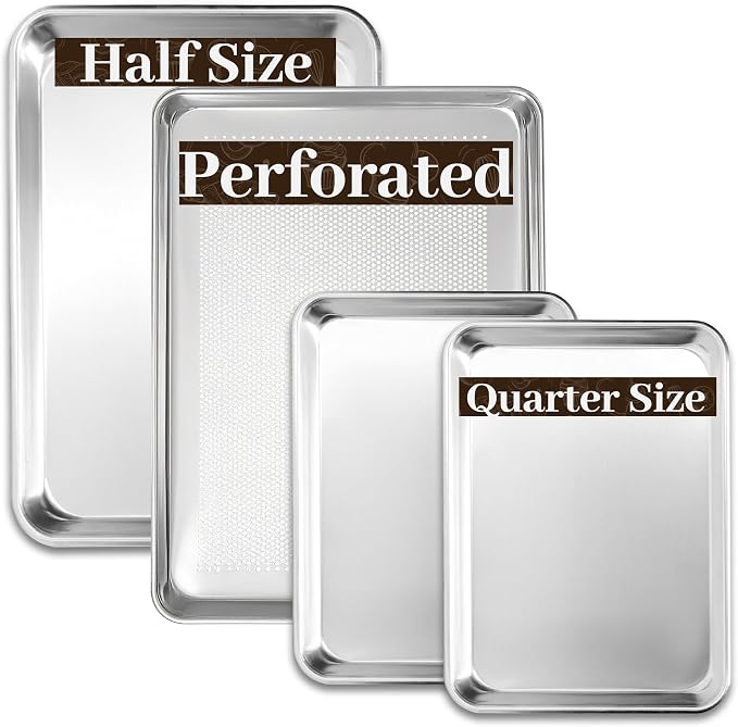 BIEAMA Baking Sheet Pans Set of 4, Perforated Half & Quarter Size | Aluminum Heavy Duty Cookie Sheets for Roasting, Includes 2 Perforated 18" x 13"+ 13" × 10"