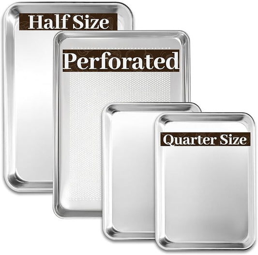 BIEAMA Baking Sheet Pans Set of 4, Perforated Half & Quarter Size | Aluminum Heavy Duty Cookie Sheets for Roasting, Includes 2 Perforated 18" x 13"+ 13" × 10"