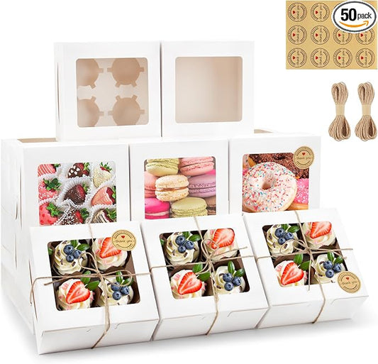 OAMCEG 50 PCS Cupcake Boxes with Window, 6x6x3 Inch Cookie Boxes, Bakery Treat Boxes for Pastry, Dessert, Chocolate Strawberries, Cupcake Containers, Gift Giving with Stickers & Twine（White）