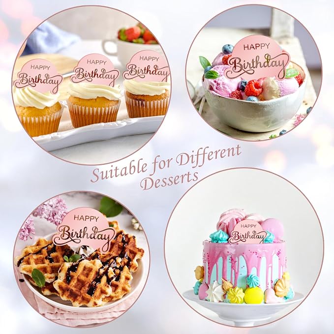 20 Pcs Mirror Acrylic Happy Birthday Cupcake Toppers Pink Happy Birthday Cake Topper Engraved Mini Cake Picks for DIY Birthday Gift Flower Bouquet Pastries Desserts Decor