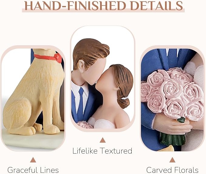 Storieme Bride Groom Cake Topper: Couple and Pet Dog Resin Figurine with Secure Base - Newlyweds Family Gifts for Wedding Anniversary & Engagement