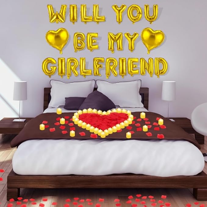 HyDren 18" Will You Be My Girlfriend Balloons Letters Kit Include Heart Shaped Balloons and LED Tealight Candles with Rose Petals Romantic Girlfriend Proposal Kit Valentines Day Decorations(Gold)