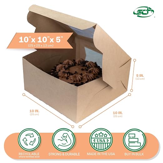 Southern Champion Tray 23053K Kraft Paperboard Lock Corner Window Bakery Box, 10" Length x 10" Width x 5" Height (Case of 150)
