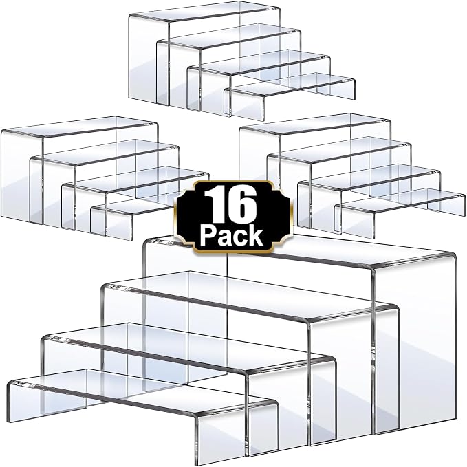 Aheroi Display Risers, 16 Pcs 4 Set(7”L~8”L~9”L) Acrylic Riser Display Shelf, Clear Risers Display Stands, Rectangular Acrylic Risers for Decor Display, Cupcake Candy Shoe Showcase Stands