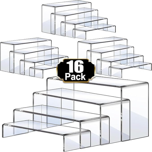 Aheroi Display Risers, 16 Pcs 4 Set(7”L~8”L~9”L) Acrylic Riser Display Shelf, Clear Risers Display Stands, Rectangular Acrylic Risers for Decor Display, Cupcake Candy Shoe Showcase Stands