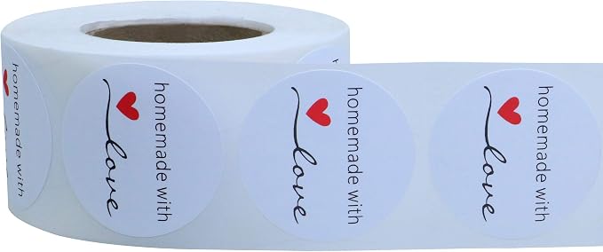 Hybsk White Gloss Homemade with Love Stickers 1.5" Inch Round Total 500 Adhesive Labels Per Roll (White Gloss)