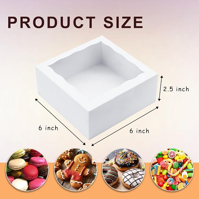 50pcs Cookie Boxes 6x6x2.5 Inch Bakery Boxes with window Chocolate Covered Strawberries Box Treat Box for Mini Cake Macaroon Dessert Pastry Muffins
