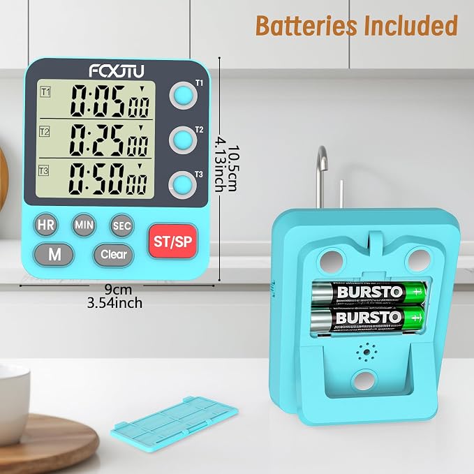 Digital Dual Triple Kitchen Timer, 3 Channels Magnetic Countdown Stopwatch Timer for Cooking, Loud Alarm Large Display Multi Food Memory Timer for Seniors & Teachers Battery Included (Blue)