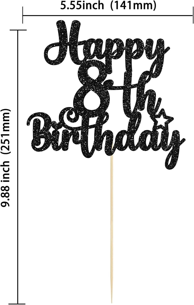 Gyufise 1Pc Happy 8th Birthday Cake Topper - Glitter 8 & Fabulous Cheers to 8 Years Old - Cake Pick for Celebrating Anniversary Party Decorations Supplies Black