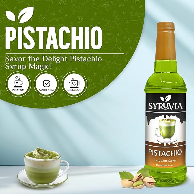 Syruvia Pistachio Syrup, Flavored Syrup for Lattes, Drinks, Cappuccinos, Iced Coffees, Espresso Drinks – 25.4 fl oz - with Pump