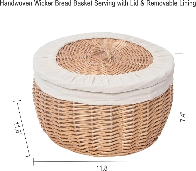 Wicker Bread Basket Serving with Lid & Removable Lining, Sourdough Proofing Basket,Eco-friendly Bread Storage basket Ideal for Picnics & Dining(Round)