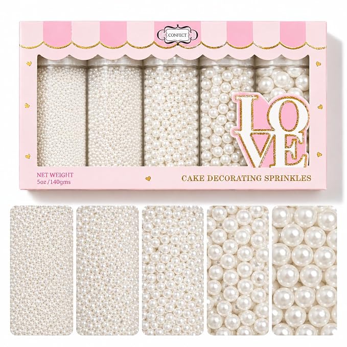 Confect White Pearl Sprinkles | Valentines Sprinkle | Edible Mix White Pearls & Dragees | Frozen Sprinkle & Disco Balls for Cakes, Cupcakes | White Princess Disco Ball Sprinkles | Vegan, Gluten-Free, Nut-Free, Soy-Free, Dairy-Free, Palm Oil-Free | Dye ...
