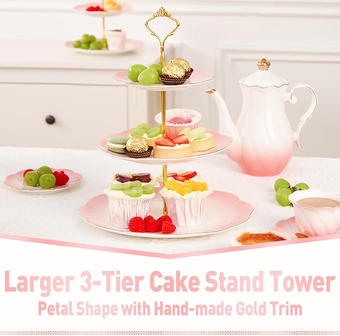 DUJUST Luxury Larger 3-Tier Cupcake Stand Tower, British Style Porcelain Serving Tray with Golden Trim, Food Grade Dessert Display Stand for Tea Party & Home Décor - 45% Gradient Pink Larger Plates
