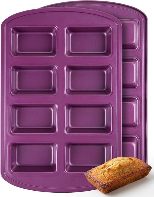 CARTMAN 2-Pack 8-Cavity Mini Loaf Pans Set with Spatula & Brush – 15.5” x 10” Nonstick Carbon Steel Small Bread Pan for Banana Bread, Meatloaf & Keto Snacks Plum Purple