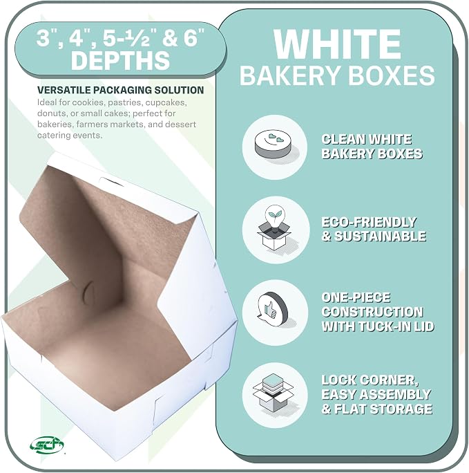 SCT 0977 White Non-Window Lock Corner Bakery Box, Recycable, Professional Clean Cake Boxes, Cookie and Pastry Boxes, Bulk Pack, 10" L x 10" W x 5-1/2" H (Case of 100)