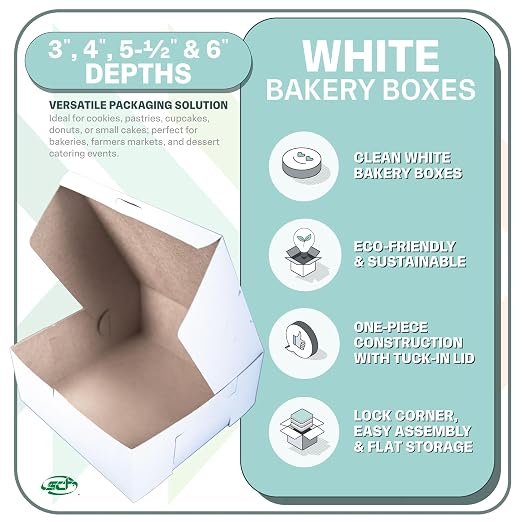 Southern Champion Tray 0973 Premium Clay-Coated Kraft Paperboard White Non-Window Lock Corner Bakery Box, 10" Length x 10" Width x 4" Height, White (Case of 100)