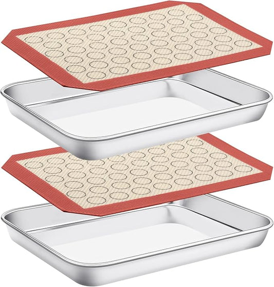 Baking Sheet with Silicone Mat Set of 4 [2 Sheets + 2 Mats], Deedro Stainless Steel Cookie Sheet Baking Pan with Silicone Baking Mat, 9 x 7 x 1 Inch, Non Toxic, Heavy Duty, Easy Clean