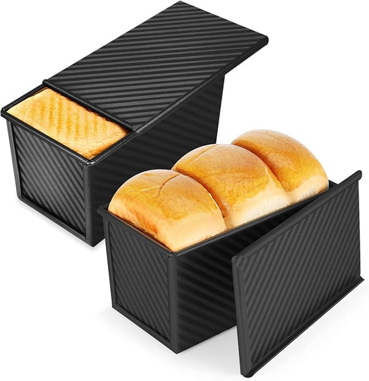 Flexzion 2 Pack Pullman Loaf Pan with Lid - 1 lb Dough Capacity Sandwich Bread Loaf Pan with Lid Cover - Non-Stick Carbon Steel Corrugated Toast Box Mold for Baking Homemade Sandwich, Sourdough, Black