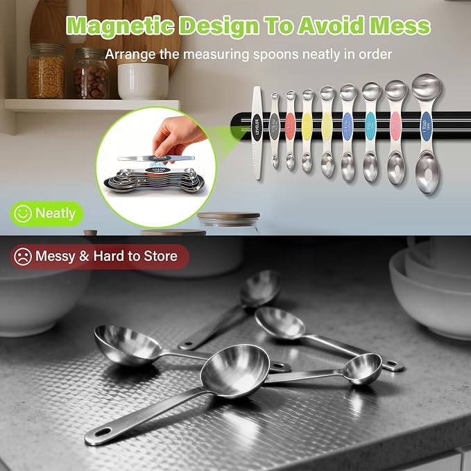 Stainless Steel Magnetic Measuring Spoons Set of 9 with Leveler,Dual Sided, Stackable, Adjustable Teaspoon and Tablespoon, Measuring Liquids and Dry Ingredients, Baking& Cooking Gadgest,Multicolor