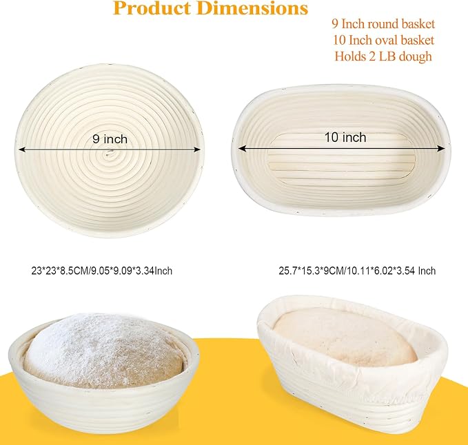 Banneton Bread Proofing Basket Set with Liners,9 Inch Round & 10 Inch Oval Sourdough Baking Kit for Professional & Home Use