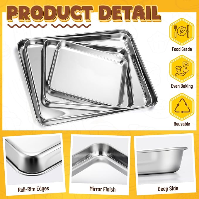 4 Pack Stainless Steel Sheet Baking Pans, 10/12/16/18 Inch Commercial Grade Cookie Sheets for Baking, Heavy Duty Stainless Steel Cookware Set, Non-stick, Non-toxic